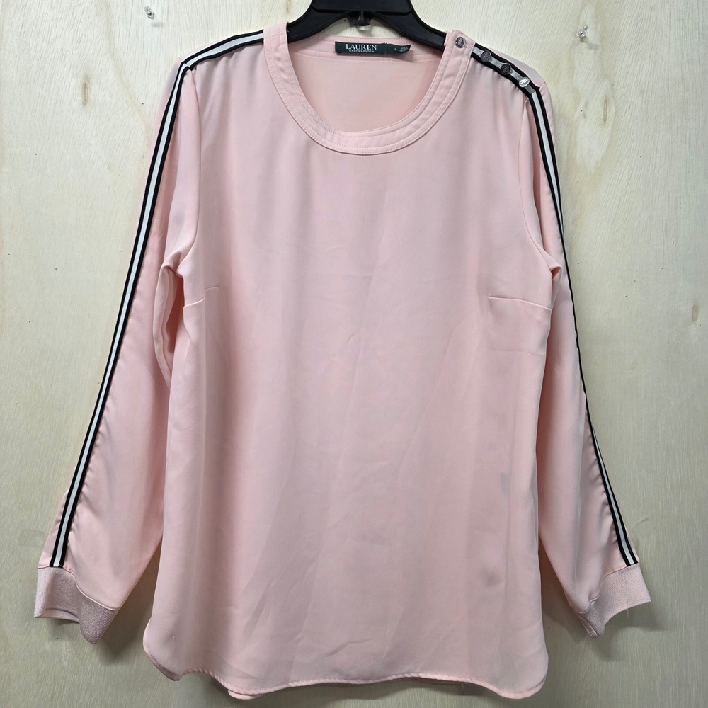 Lauren Ralph Lauren Womens Pink Long Sleeve Side Stripe Button Shoulder Blouse L